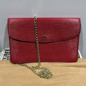 LV red Epi leather clutch with insert and unbranded chain.